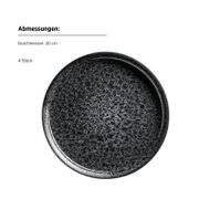 Runder, dunkelgrau marmorierter Teller mit glänzendem Rand, Durchmesser 20 cm, im 4er-Set, Draufsicht (Top-Down) auf weißem Hintergrund.
