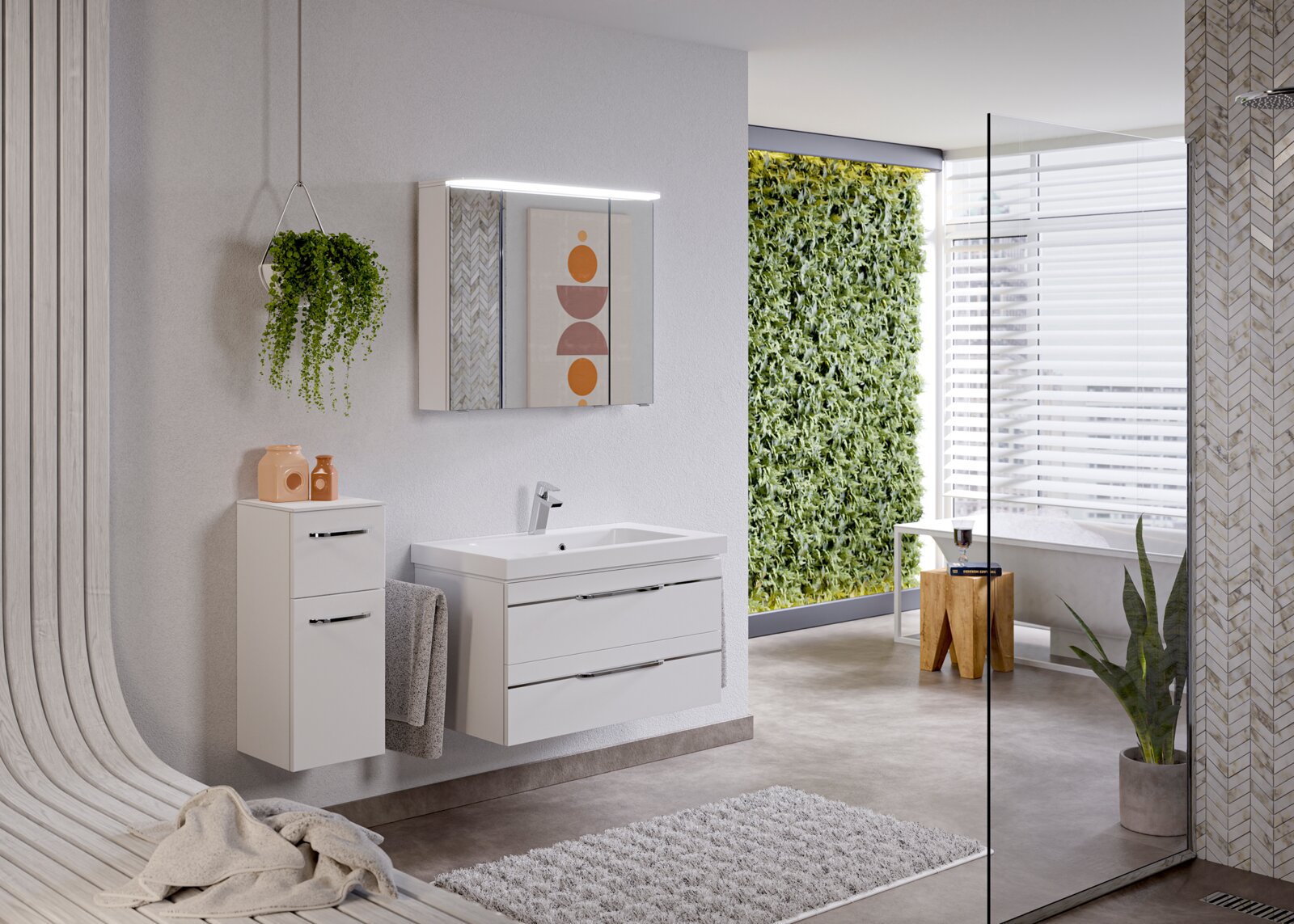 Moderne Badezimmeransicht mit weißem Badblock, bestehend aus Waschbecken und Schrank, hängendem Pflanzenarrangement und vertikaler Pflanzenwand im Hintergrund.