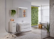 Moderne Badezimmeransicht mit weißem Badblock, bestehend aus Waschbecken und Schrank, hängendem Pflanzenarrangement und vertikaler Pflanzenwand im Hintergrund.