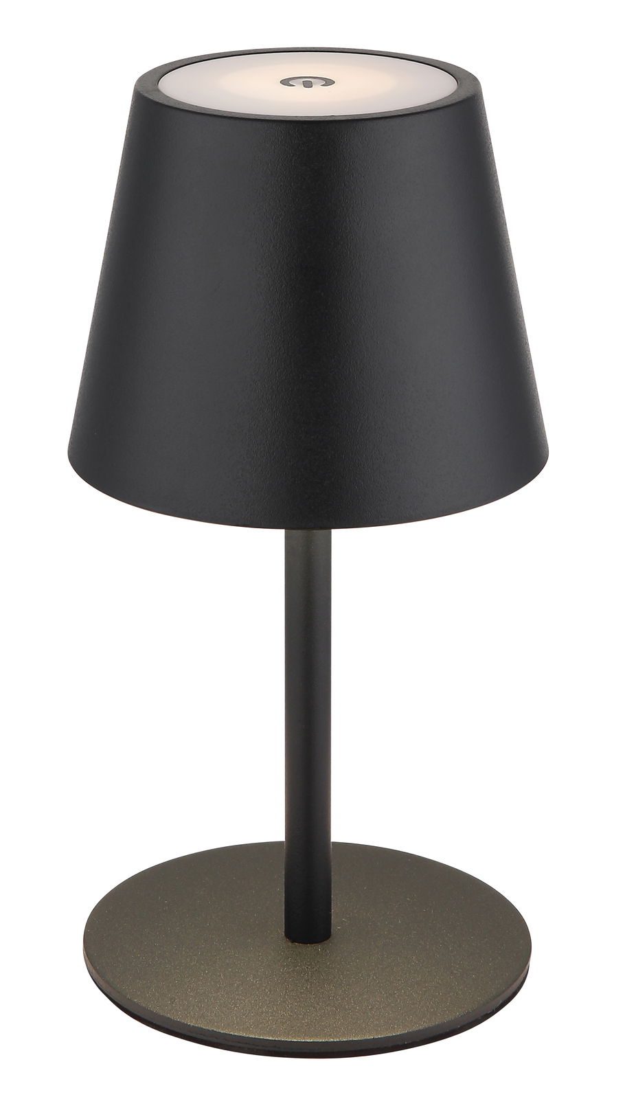 Schwarze Akku-Tischleuchte VANNIE 3 in 1 mit konischem Schirm, seitliche Perspektive