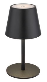 Schwarze Akku-Tischleuchte VANNIE 3 in 1 mit konischem Schirm, seitliche Perspektive