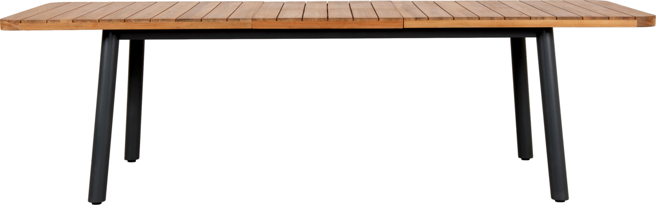 Gartenausziehtisch aus Holz mit Metallbeinen, frontal fotografiert