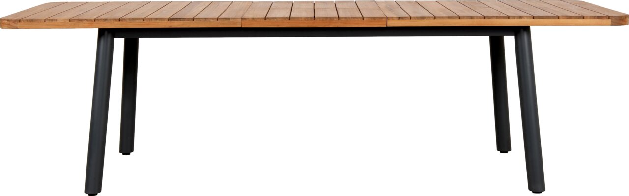 Gartenausziehtisch aus Holz mit Metallbeinen, frontal fotografiert