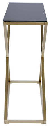 Moderner Beistelltisch mit schwarzer Tischplatte und goldfarbenem Metallgestell, frontal betrachtet.