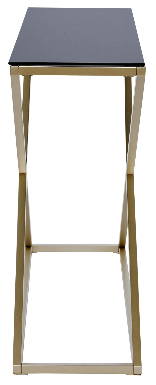 Moderner Beistelltisch mit schwarzer Tischplatte und goldfarbenem Metallgestell, frontal betrachtet.