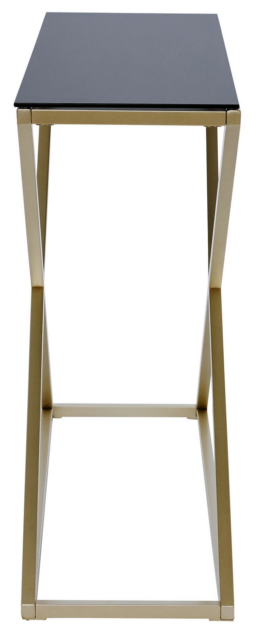 Moderner Beistelltisch mit schwarzer Tischplatte und goldfarbenem Metallgestell, frontal betrachtet.