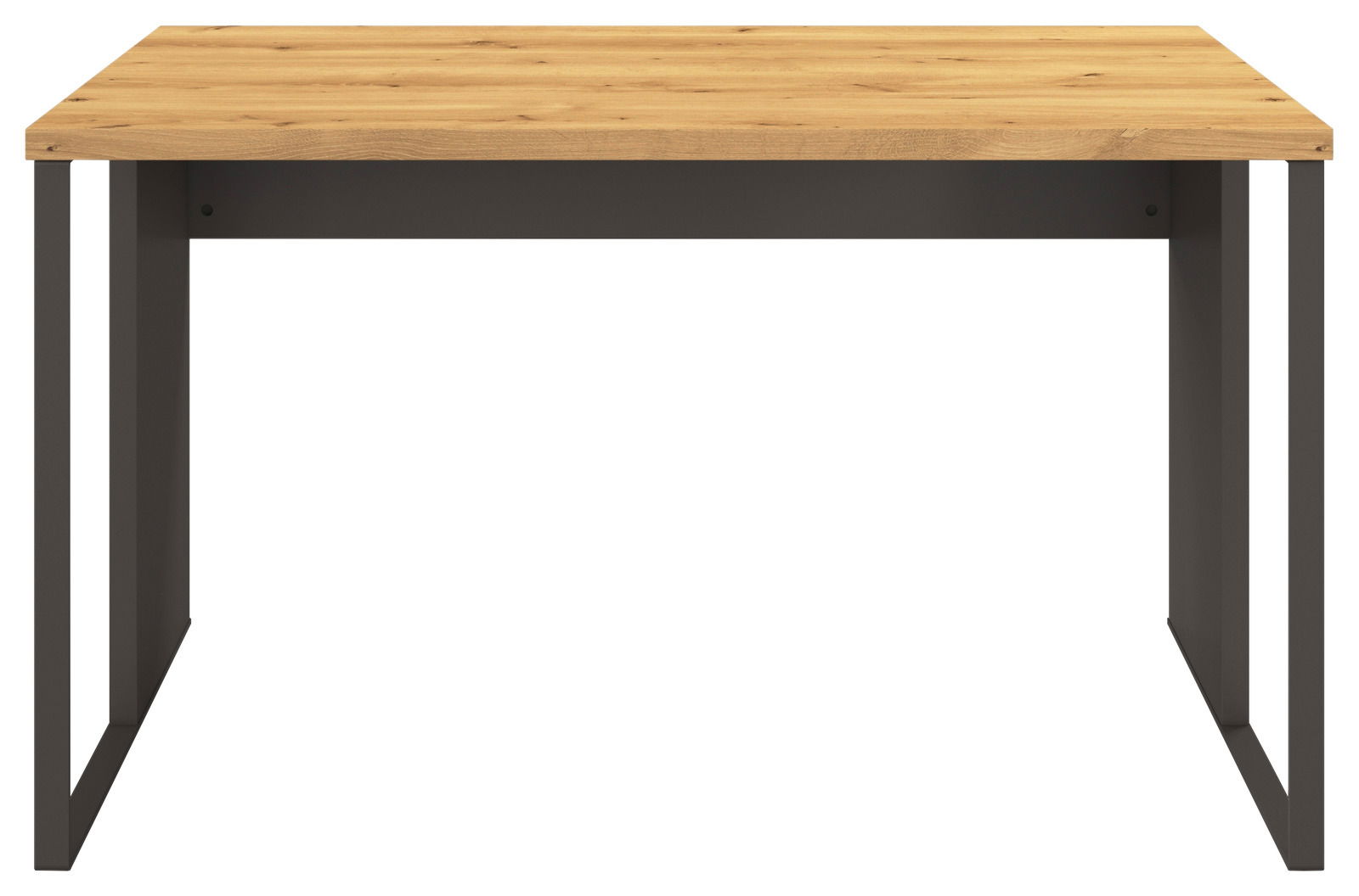 Moderner Schreibtisch mit Holzplatte und Metallgestell, Frontalansicht