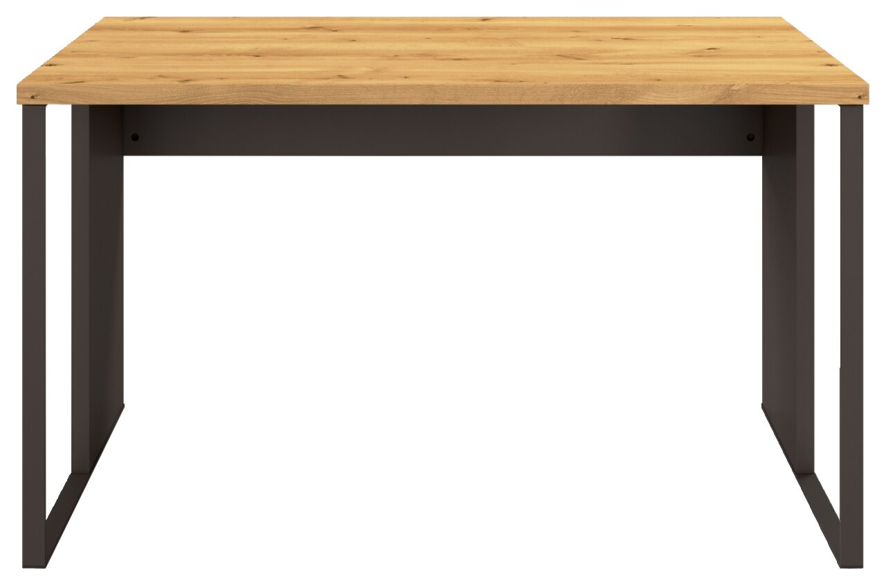 Moderner Schreibtisch mit Holzplatte und Metallgestell, Frontalansicht