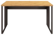 Moderner Schreibtisch mit Holzplatte und Metallgestell, Frontalansicht
