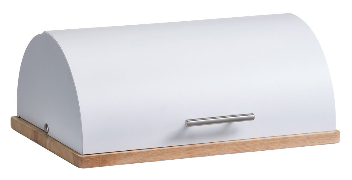 Moderner Brotkasten aus weißem Metall mit Holzsockel und Edelstahlgriff, seitliche Perspektive