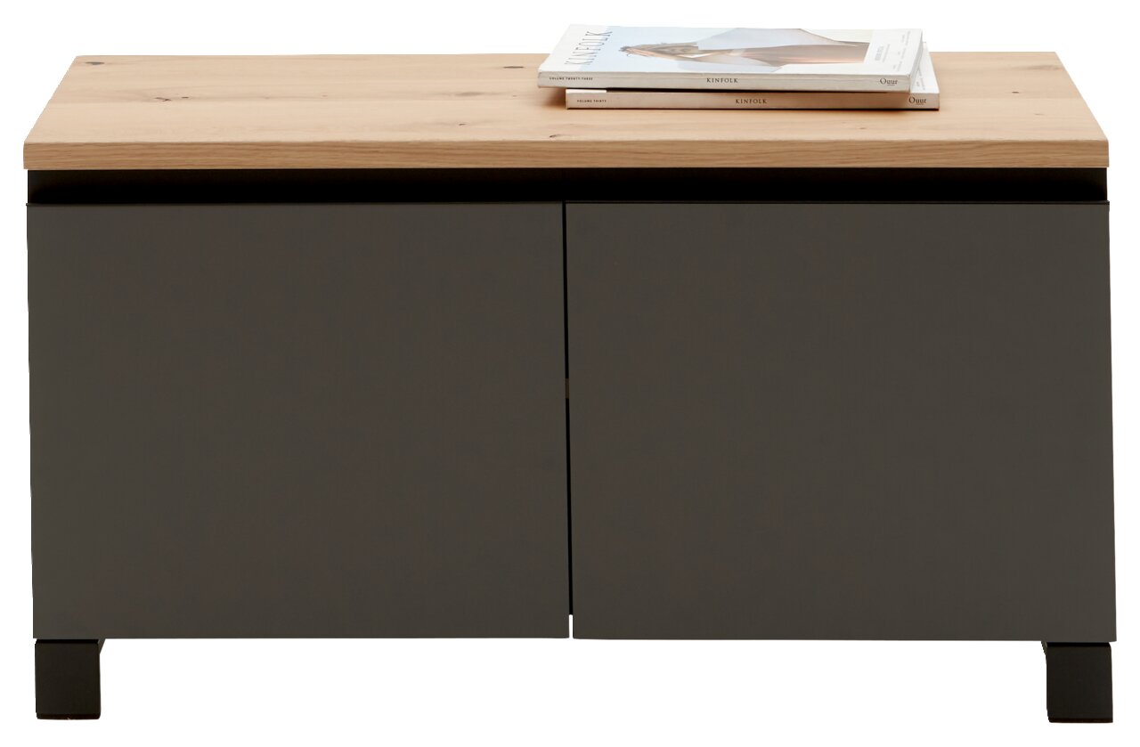Garderobenbank aus der Serie SORRENT von Dieter Knoll, mit einer Kombination aus Holzoberfläche und dunklem Korpus, frontal abgebildet.
