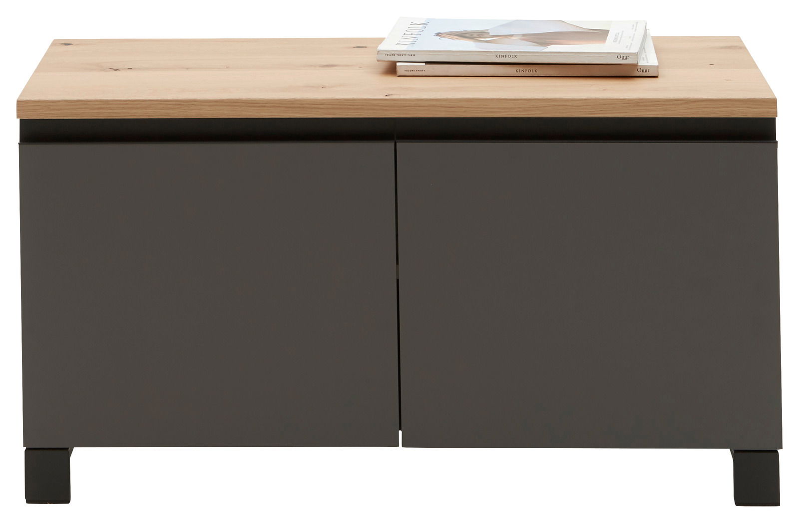 Garderobenbank aus der Serie SORRENT von Dieter Knoll, mit einer Kombination aus Holzoberfläche und dunklem Korpus, frontal abgebildet.