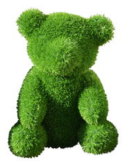 Großer, frontal abgebildeter Gartenbär aus grünem Grasmaterial