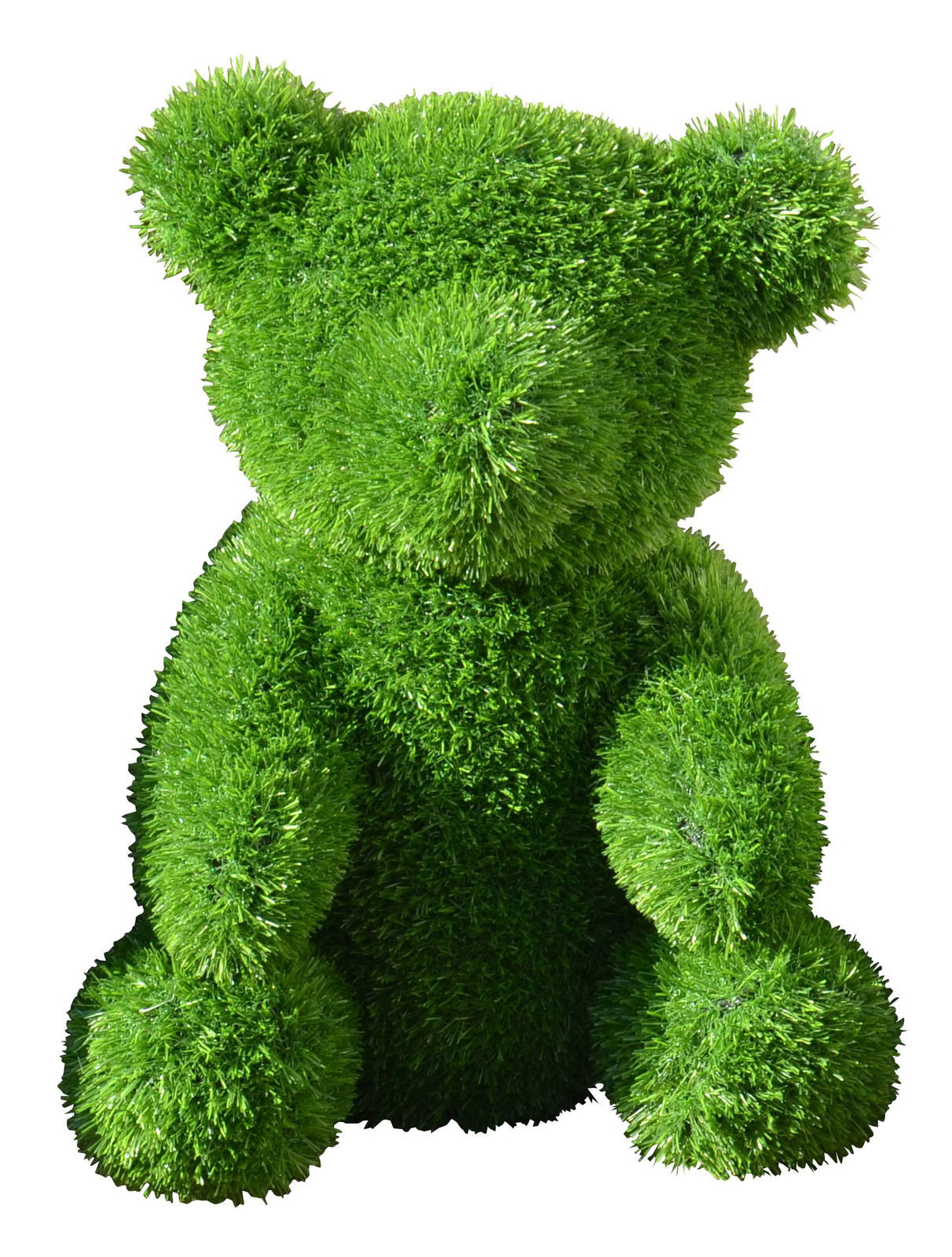 Großer, frontal abgebildeter Gartenbär aus grünem Grasmaterial