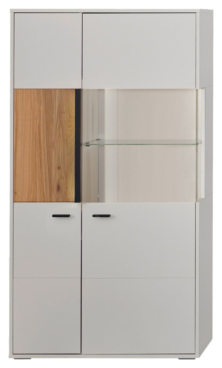 Modernes Highboard mit weißem und holzfarbenem Design, Glasvitrine und schwarzen Griffen, Frontalansicht.