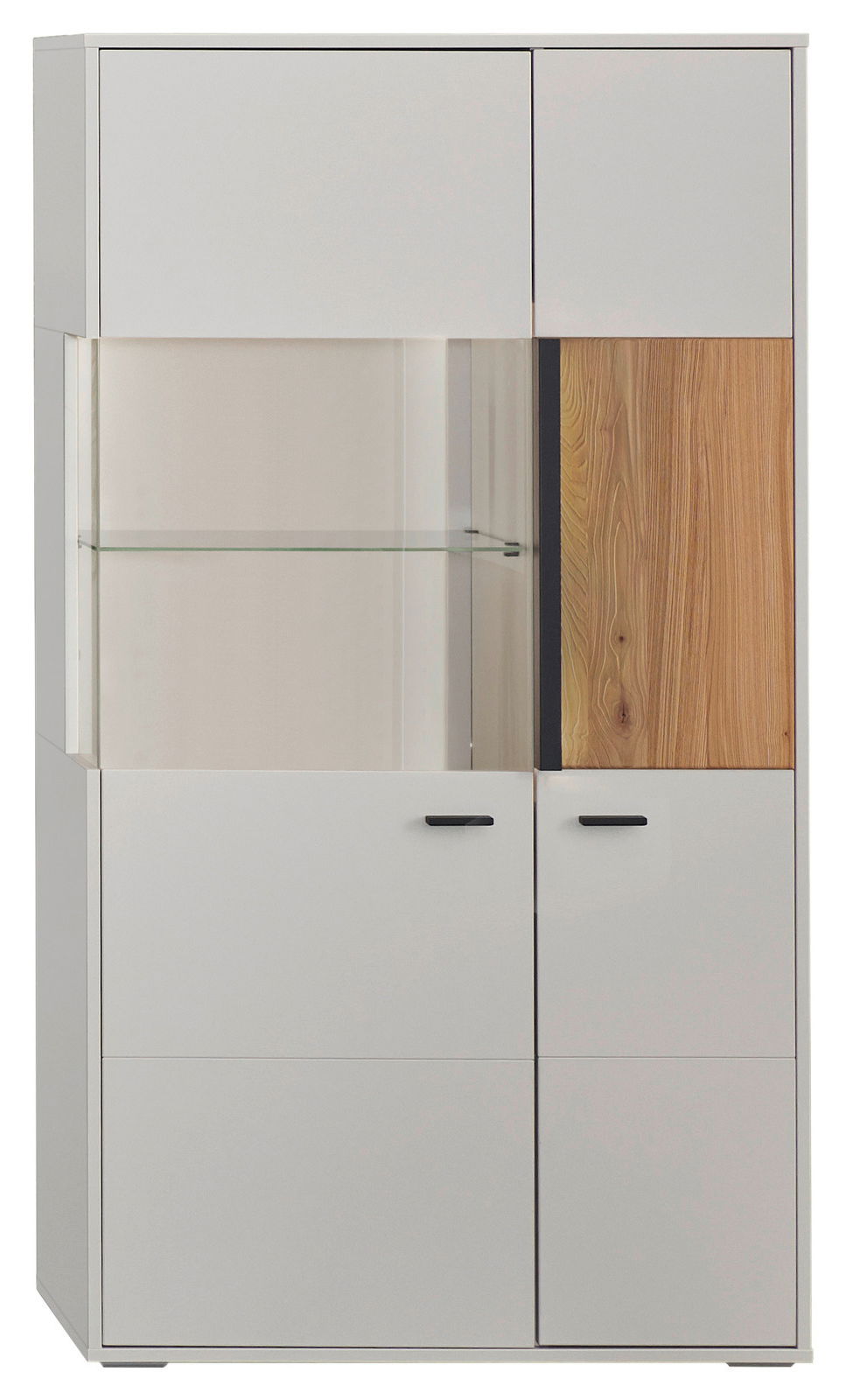 Modernes Highboard mit weißem und holzfarbenem Design, Glasvitrine und schwarzen Griffen, Frontalansicht.