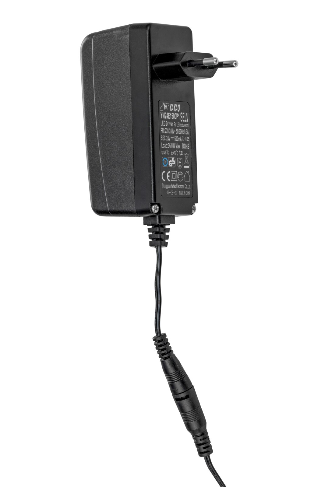 Schwarzes LED-Netzteil/AC-Adapter mit EU-Stecker und Kabel, seitliche 3/4-Ansicht von vorn auf weißem Hintergrund