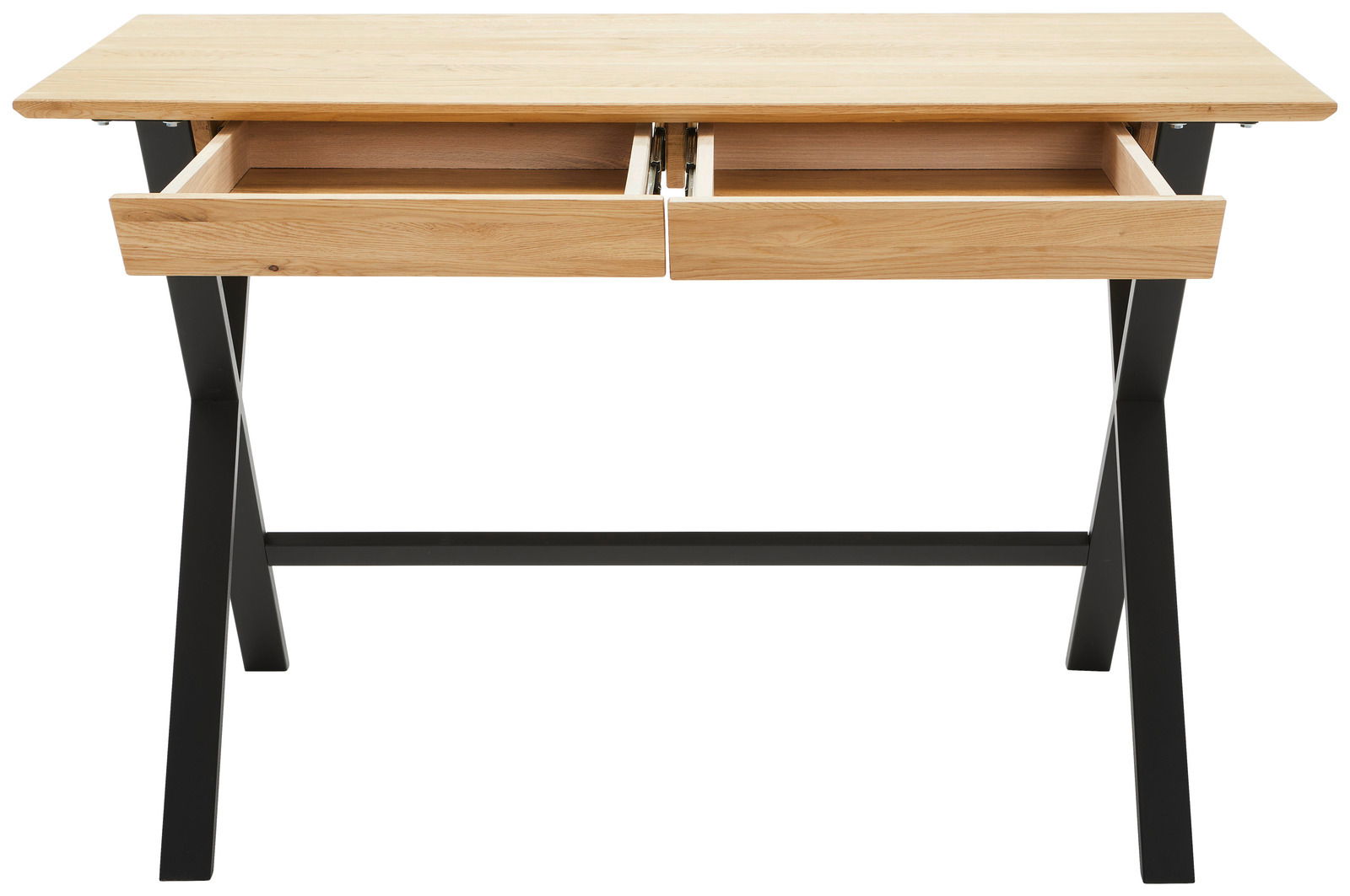 Moderner Schreibtisch aus Holz mit zwei offenen Schubladen und schwarzen Metallbeinen, Frontalansicht.