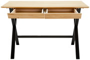 Moderner Schreibtisch aus Holz mit zwei offenen Schubladen und schwarzen Metallbeinen, Frontalansicht.
