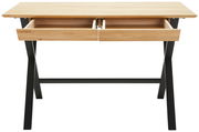 Moderner Schreibtisch aus Holz mit zwei offenen Schubladen und schwarzen Metallbeinen, Frontalansicht.