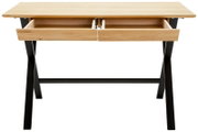 Moderner Schreibtisch aus Holz mit zwei offenen Schubladen und schwarzen Metallbeinen, Frontalansicht.