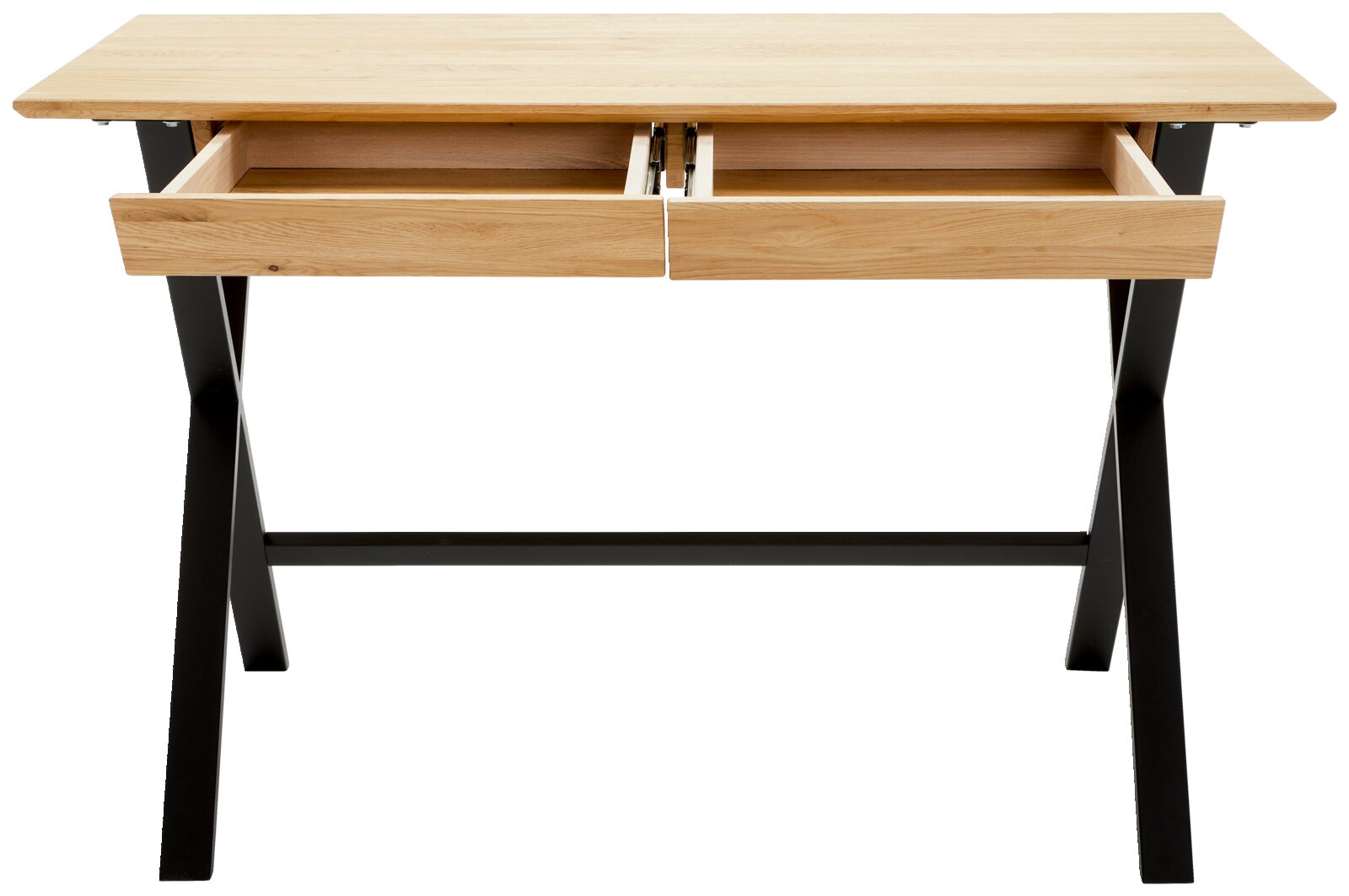 Modern houten bureau met twee open lades en zwarte metalen poten, gezien van voren.