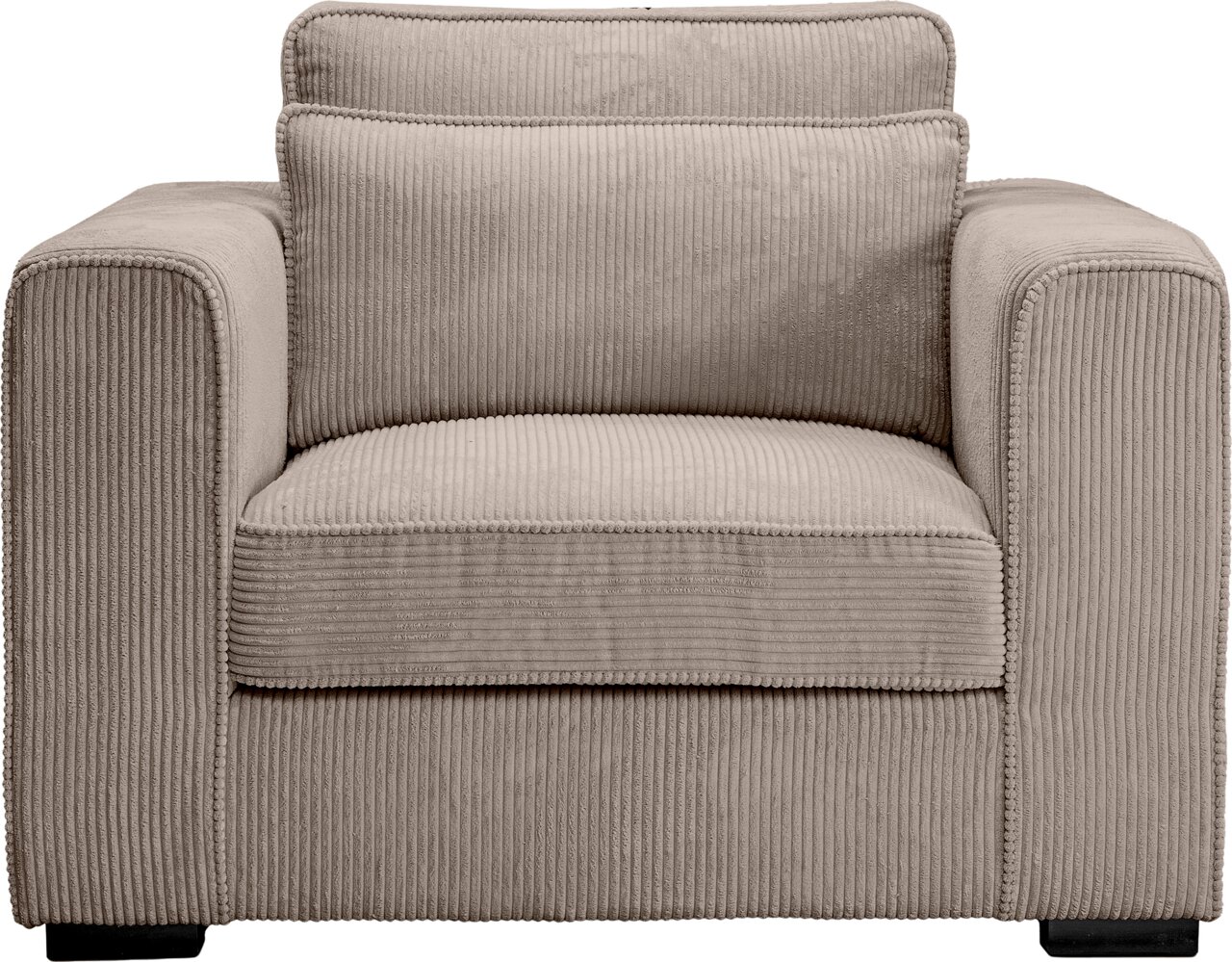 Beiger Cord-Sessel mit breiten Armlehnen und gepolsterter Rückenlehne, Frontansicht.