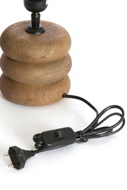 Holzlampenfuß mit rundem Design und schwarzem Kabel mit Schalter, seitliche Perspektive