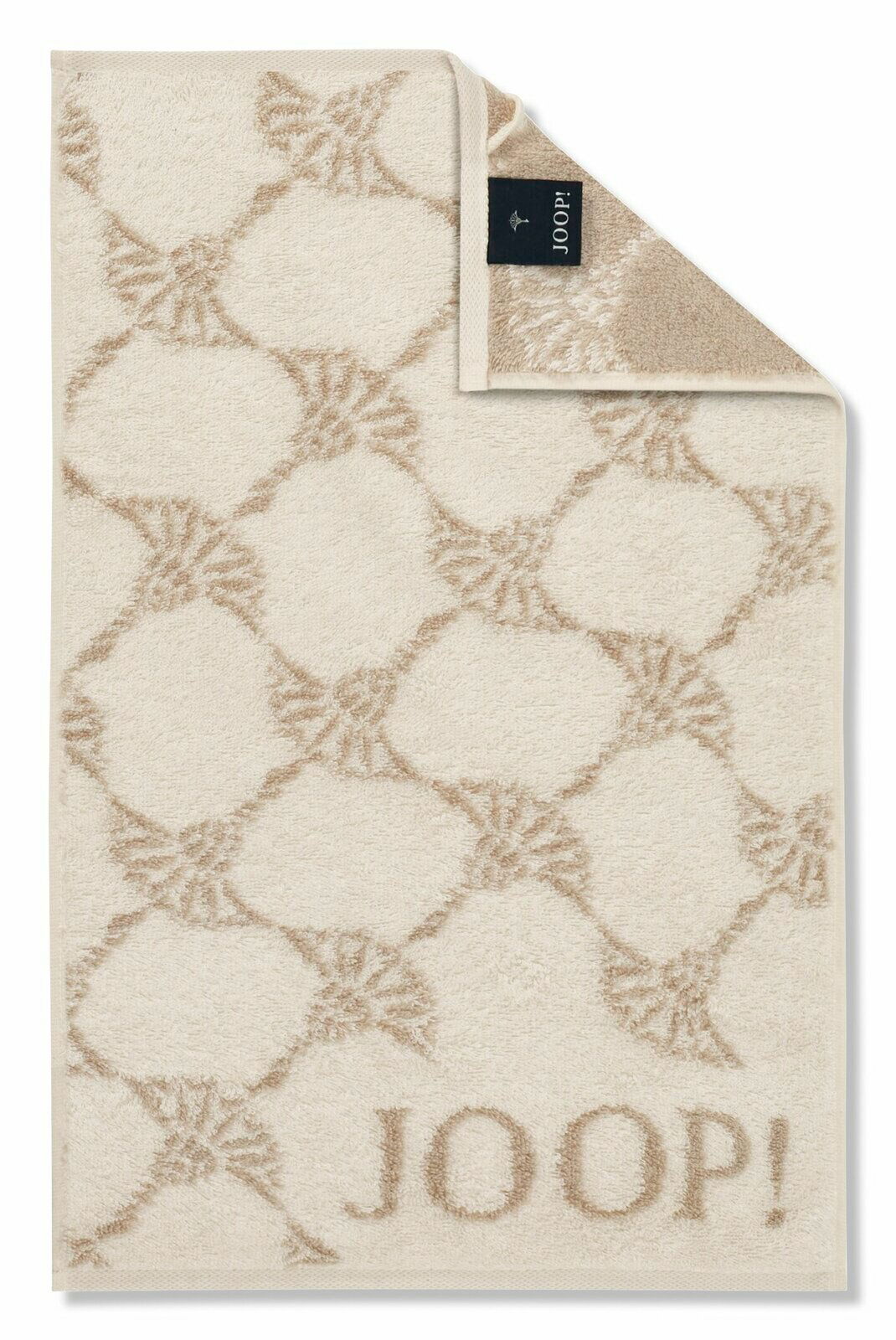 Beiges Gästetuch mit geometrischem Muster und dem Schriftzug 'JOOP!' in der unteren rechten Ecke, von oben betrachtet.