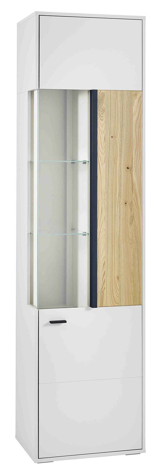 Hom´in Vitrine R GLASGOW Moderne Vitrine in Weiß mit Glastüren und Holzelementen, seitliche Perspektive
