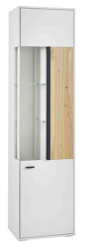 Moderne Vitrine in Weiß mit Glastüren und Holzelementen, seitliche Perspektive