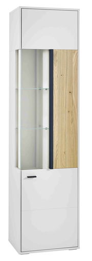 Moderne Vitrine in Weiß mit Glastüren und Holzelementen, seitliche Perspektive