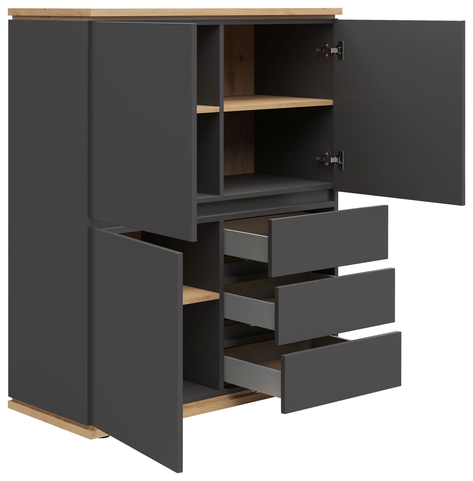 Hochschrank mit grauen Türen und Schubladen, teilweise geöffnet, mit Holzregalen und -oberfläche, seitliche Perspektive