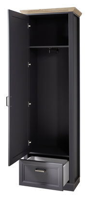Offener schmaler Garderobenschrank JUDITH mit dunkler Oberfläche und Holzplatte, zeigt Innenraum mit Kleiderstange und Schublade, Perspektive von vorne links.