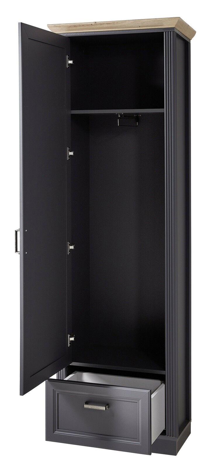 Offener schmaler Garderobenschrank JUDITH mit dunkler Oberfläche und Holzplatte, zeigt Innenraum mit Kleiderstange und Schublade, Perspektive von vorne links.