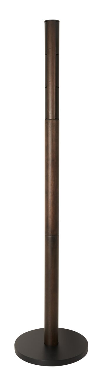 Moderner Garderobenständer aus Holz mit runder Basis, frontal abgebildet.