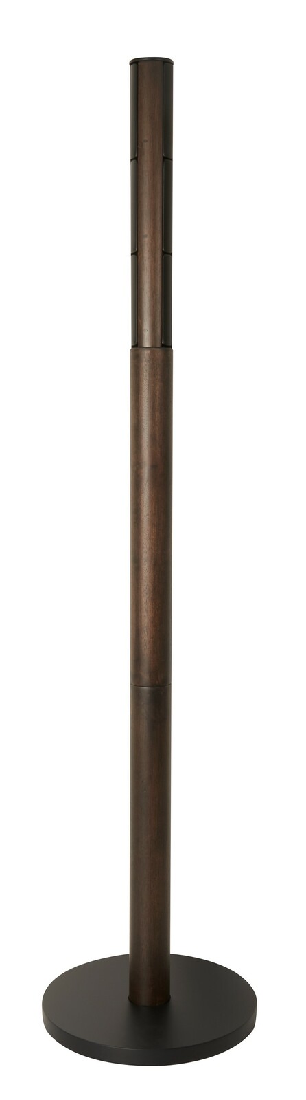 Moderner Garderobenständer aus Holz mit runder Basis, frontal abgebildet.