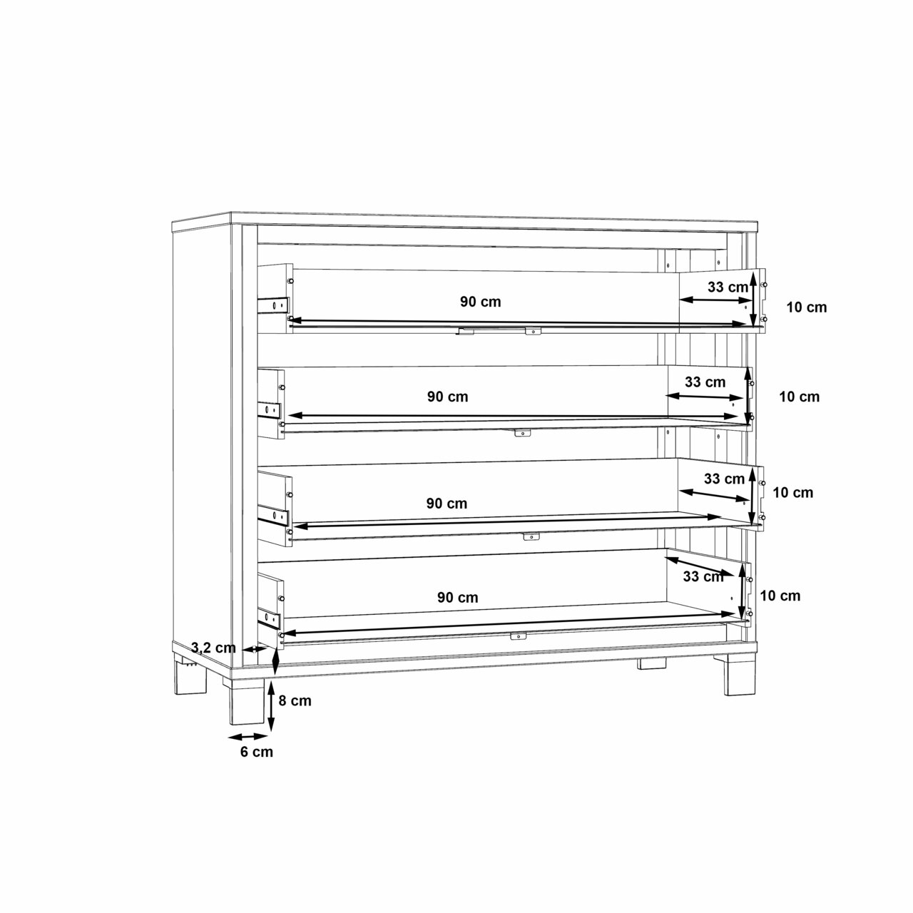 Technische tekening van een ladekast met vier lades, met afmetingen van 90 cm breed, 33 cm diep en 10 cm hoog. De ladekast staat op poten van 6 cm hoog. Zijaanzicht.