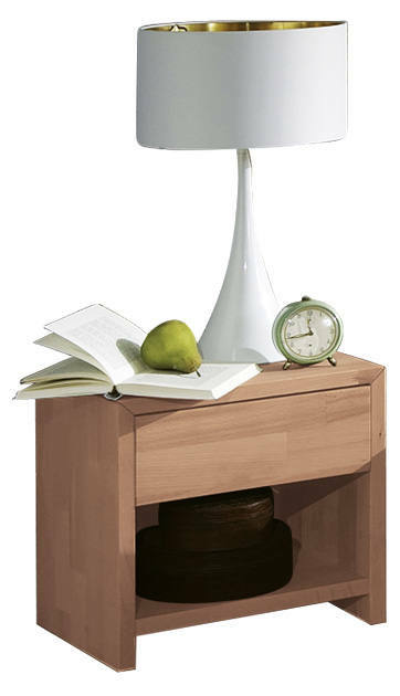 Nachtkonsole aus Holz mit Schublade, darauf eine Tischlampe, ein Buch, eine Uhr und eine Birne, frontal betrachtet.