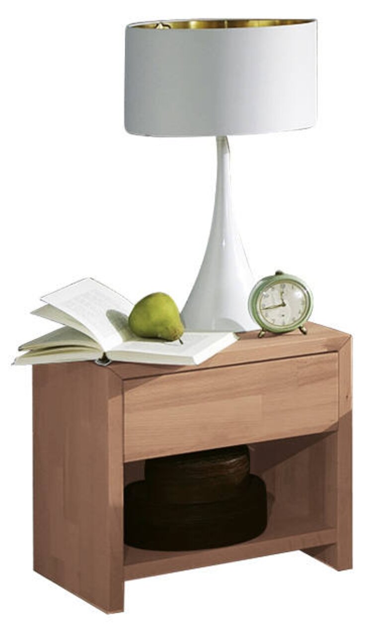 Nachtkonsole aus Holz mit Schublade, darauf eine Tischlampe, ein Buch, eine Uhr und eine Birne, frontal betrachtet.