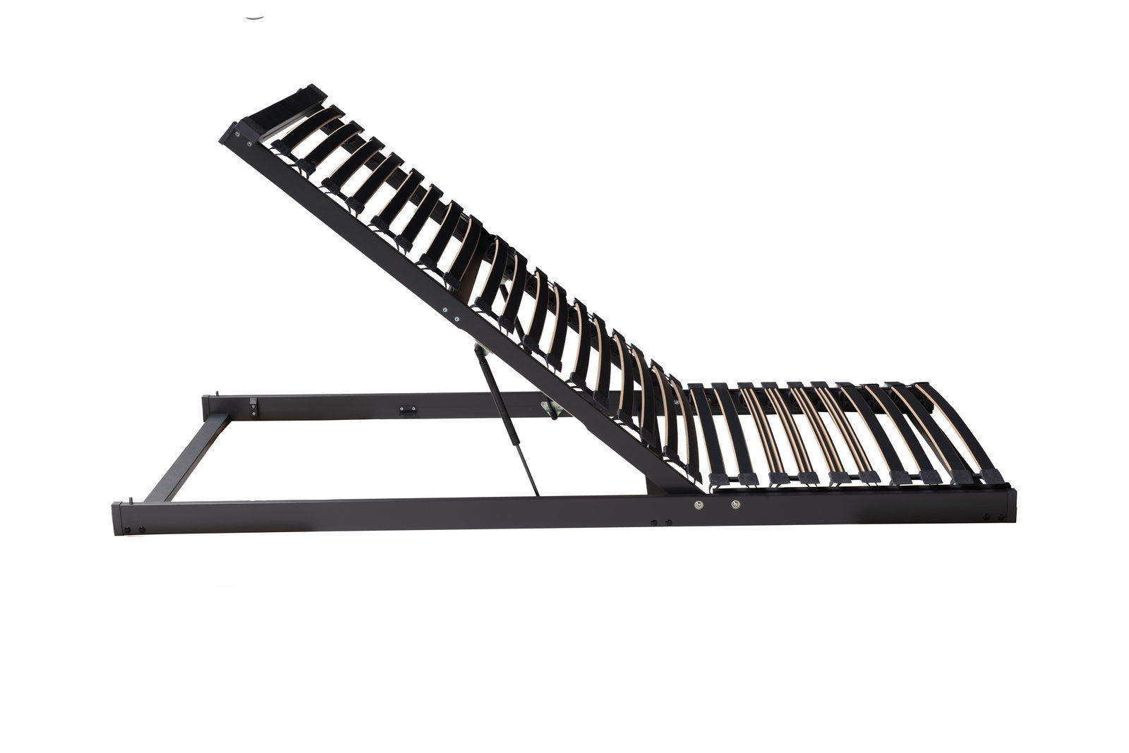 Seitliche Ansicht eines verstellbaren Lattenrostes mit hochgestelltem Kopfteil.