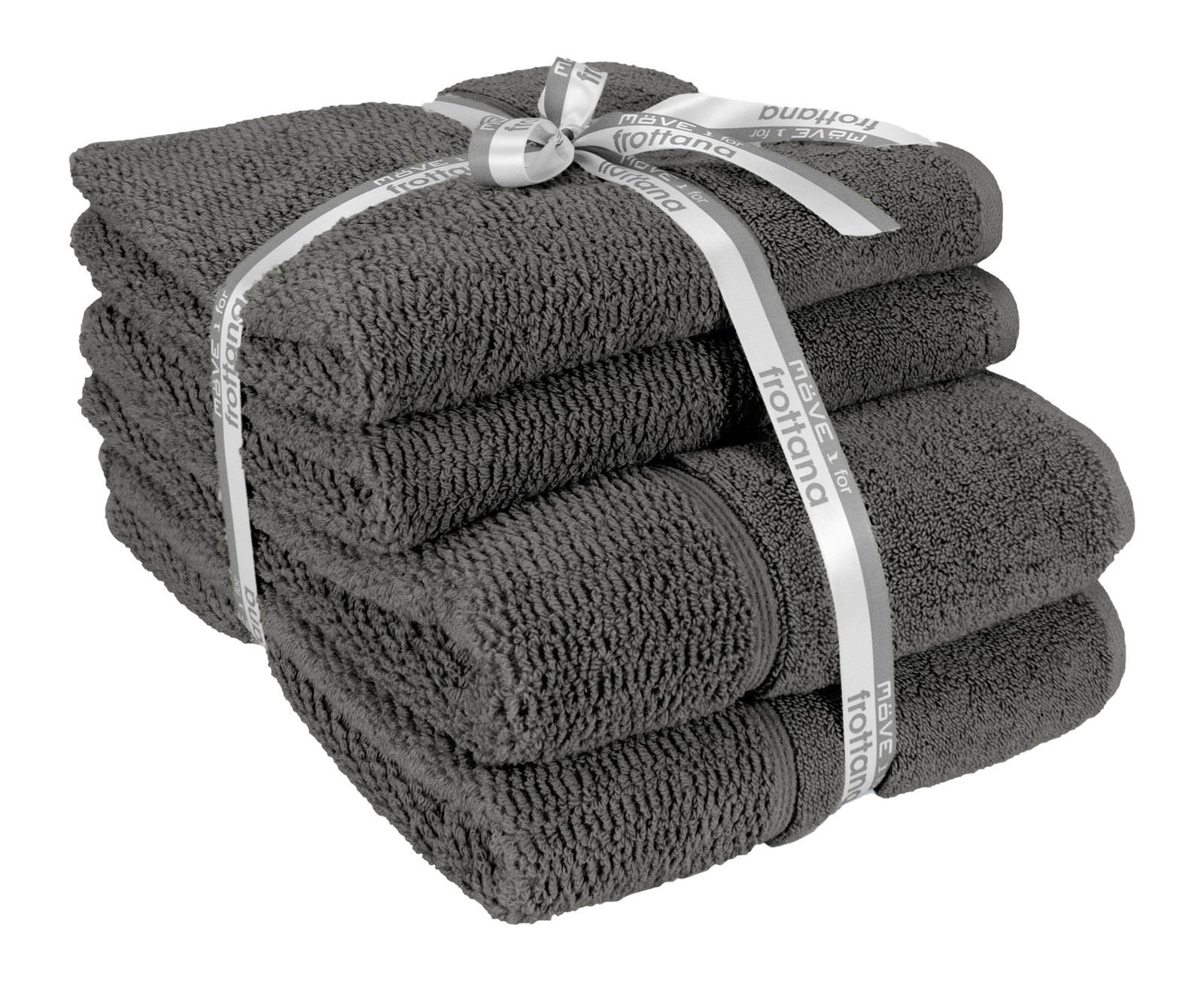 Vierteiliges Handtuchset in Graphit, gestapelt und mit einem Band zusammengebunden, aus seitlicher Perspektive fotografiert.