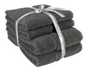 Vierteiliges Handtuchset in Graphit, gestapelt und mit einem Band zusammengebunden, aus seitlicher Perspektive fotografiert.