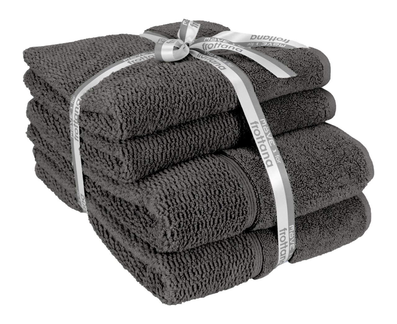 Vierteiliges Handtuchset in Graphit, gestapelt und mit einem Band zusammengebunden, aus seitlicher Perspektive fotografiert.