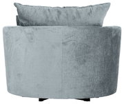 Rückansicht eines grauen Sessels mit weicher Polsterung und Kissen.