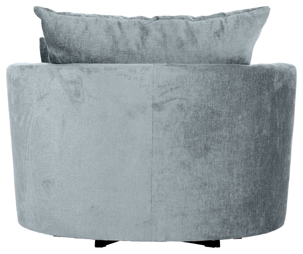 Achterkant van een grijze fauteuil met zachte bekleding en kussens.