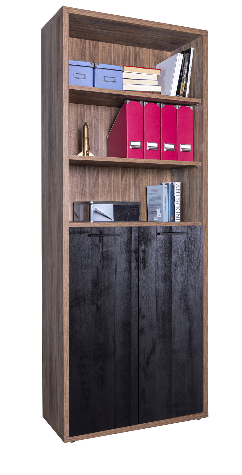 Bücherregal aus Holz mit zwei offenen Regalböden und zwei schwarzen Türen, frontal fotografiert