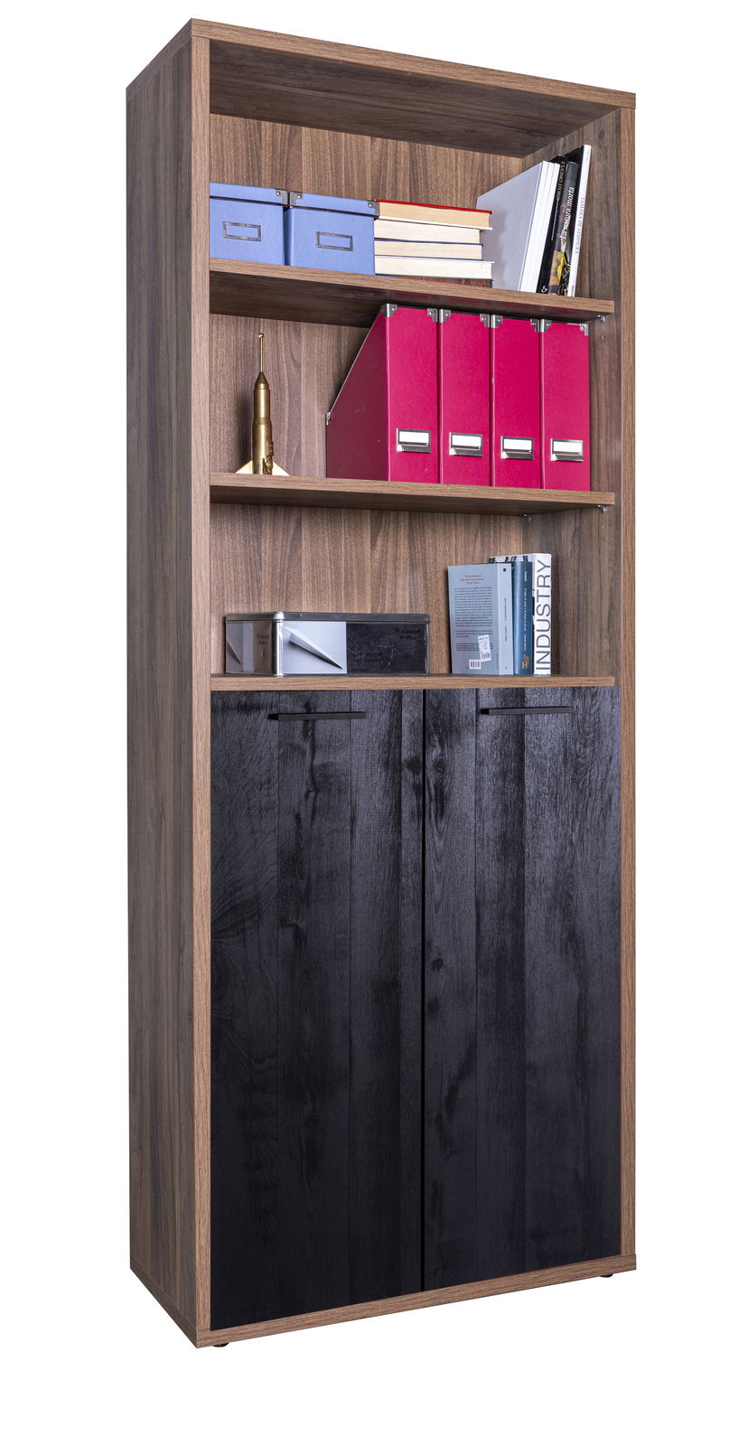 Bücherregal aus Holz mit zwei offenen Regalböden und zwei schwarzen Türen, frontal fotografiert