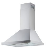 Silberne Dunstabzugshaube in Frontalansicht mit Bedienelementen und Lüftungsgittern.