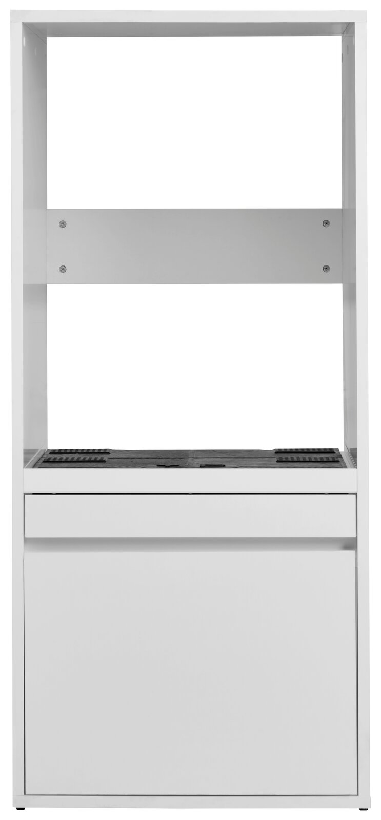 Frontansicht eines weißen Waschmaschinenschranks mit offenem Regalbereich oben.